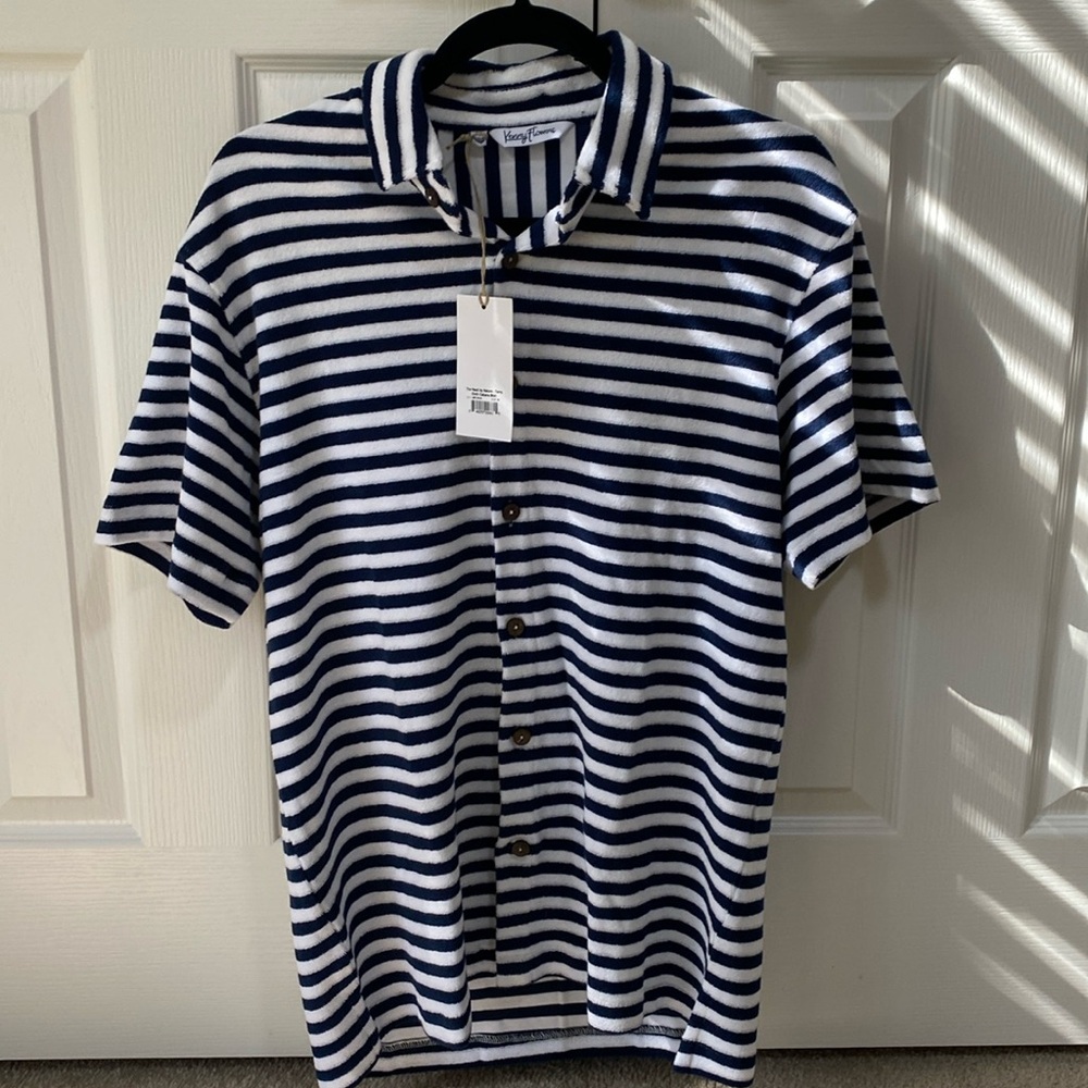 KENNY FLOWERS - TERRY CLOTH - SS POLO - MEDIUM - BLUE/WHITE NAUTICAL STRIPES NWT